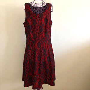 Enfocus Studio Fit Flare black floral lace overlay on a red background, Size 8